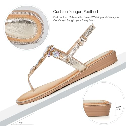 Image of iCKER Women Rhinestone Sandals T-Strap Buckle Bohemian Pearl Crystal Flat Sandals