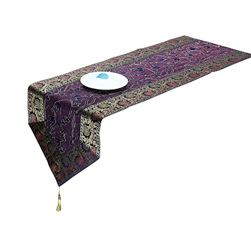 Image of Ari Zari Embroidery Table Runner for ining Table 6 Seater 72IN Indian Satin Traditional Long Runner Up with Tassels Tablecloth for Room & Runner (Navy Blue)