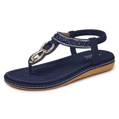 SHIBEVER Womens Sandals Dressy Summer: Women Comfortable Walking Flat Bohemian T-Strap Ladies Casual Comfy Sandals