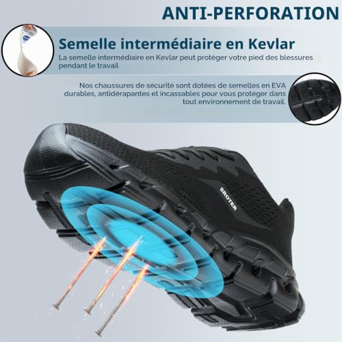 HEOAARG Chaussures de Sécurité Hommes Femme Embout Acier Chaussures de Travail Légère Respirant Antidérapante Basket de Securite Chaussure de Chantier，Noir EU 42 – vue 5