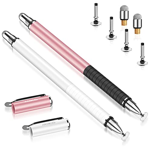MEKO Stylus Pens for Touch Screens, 2 in 1 Universal Disc Stylus Pens for iPhone, iPad and All Capacitive Cell Phones, Tablets, Laptops Bundle with 6 Replacement Tips - (2 Pcs, White/Rose Gold)