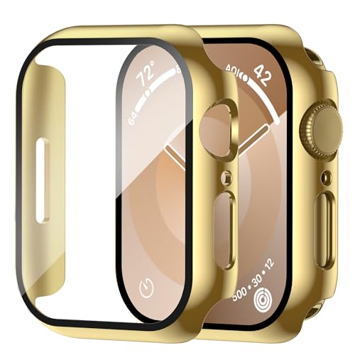Image of Smiling 2 Pack Case Compatible with Apple Watch Series 9 /8 / 7 45mm Built in Tempered Glass Screen Protector, Hard PC Case Overall Protective Cover- Gold