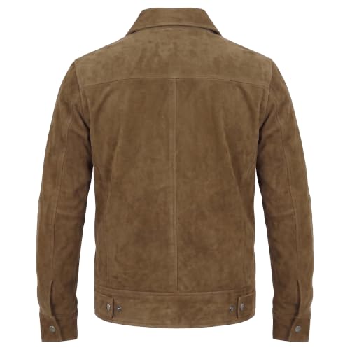 Image of Mens Polo Collar Zipper Suede Shirts Long Sleeve Shacket Suede Trucker Jacket Real Suede Leather Shirt