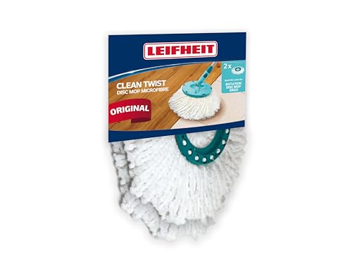 Leifheit lot de 2 têtes de rechange Clean Twist Disc Mop, pour les carrelages et sols en pierre, microfibre absorbante eau et saleté, franges de...
