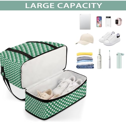 Sports Gym Bag Green Heart Dots Large Travel Duffel Bag With Shoe Compartment Foldable Waterproof Carry-On Weekend Travel Bags for Camping Overnight Yoga Hospital Travel Bags4