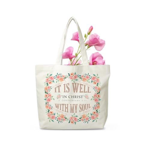 Christian Canvas Tote Bag, Religious Flowers Aesthetic Shopping Grocery Bag, Blush Pink Floral Beach Bag Gifts For Women Sister Friend Family, Bible Verse Reusable Grocery Bag, Spring Party Totes, 18