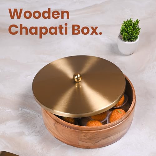 Image of Wooden Masala & Chapati Box Combo - Wooden Masala Box (7 Stainless Steel Jars + Spoon) & Wooden Chapati /Roti Box (Stainless Steel Brass Lid + Tong) - Gold (Plane)