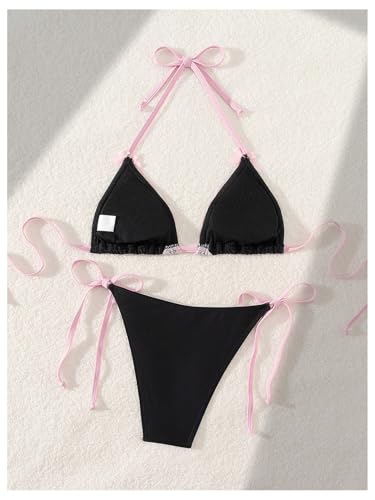 WDIRARA Women's Lace Trim Halter Bikini Set Bow Tie Side Bathing Suit 2 Piece Swimsuit2