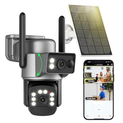 8MP Doppio Obiettivo Telecamera di Sorveglianza Wi-Fi Esterno Senza Fili con Pannello Solare 5W, Rilevamento Umano AI PIR, Visione Notturna a Colori, Batteria 15000mAh, Audio Bidirezionale, 2.4G/5GHz