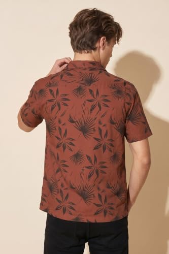 Image of Peter England Men's Cotton Blend Classic Fit Floral Print Casual Shirt | Cuban Collar, Half Sleeves | Casual Wear