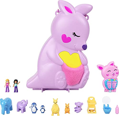 âPolly Pocket Mini Toys, Mama and Joey Kangaroo Purse 2-in-1 Compact Playset with 2 Micro Dolls and 11 Accessories, Travel Toys