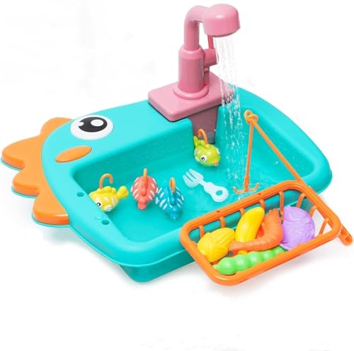 Nukdey Küchenspüle Spielzeug Set Matschküche Zubehör Outdoor 2 in 1 Kinderspielzeug Rollenspiel mit Angelspiel Schneidspielzeug Küchenutensilien Wasserhahn Play Food für Kinder(Blau)