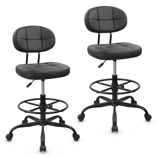 Image of KLASIKA Leather Drafting Stool Chair with Ergonomic Backrest & Footrest, Adjustable Height 360 Swivel Rolling Stools, Tall Padded Seat Office Chair for Standing Desk, Shop, Drawing, Black, 2 Pack