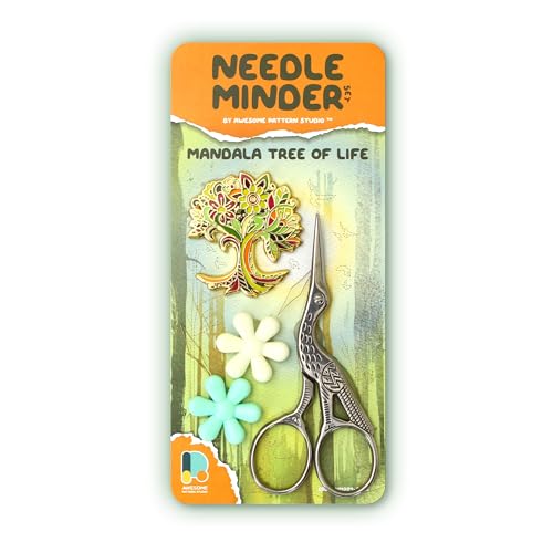 Awesome Pattern Studio Needle Minder Set - Mandala Tree of Life Magnetic Needle Minder + 2 Needle Threaders + Crane Scissors. Enamel Pin for Cross Stitch, Embroidery and Craft