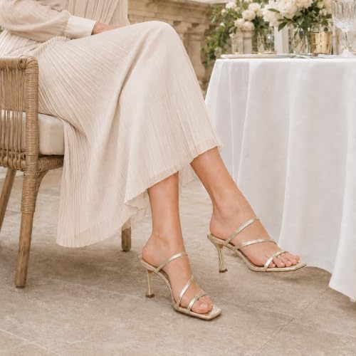 Image of Shoe'N Tale Strappy Kitten Heels For Women Stiletto Mules Square Open Toe Slip On Sandals