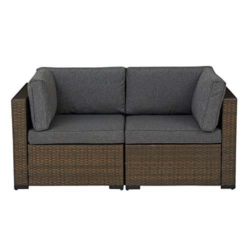 J-Sun-7 Patio Loveseat Patio Furniture Corner Sofa, 2 Piece Wicker Rattan Outdoor Sectional Sofa Set With Removable Cushions,Extra Chair Furniture (Loveseat, Brown/Dark Grey) #TOP6