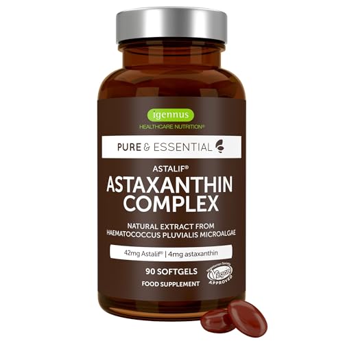 Astaxanthin Komplex, vegane & natürliche Antioxidantien, mit 4mg Astaxanthin aus 42mg Mikroalgen, 90 Weichkapseln, von Igennus