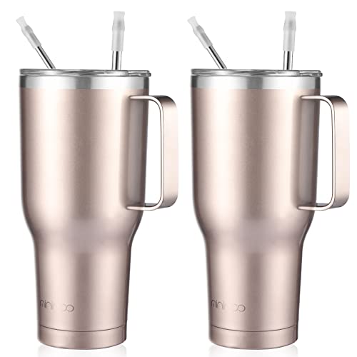 mininoo 40oz Insulated Tumbler With Lid and Straws, Stainless Steel Double Vacuum Leak Proof Coffee Tumbler With Handle(2 pack) Rose Gold 2pack 40 OZ