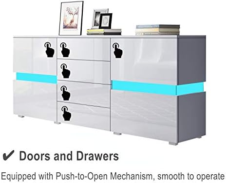 Sideboards for Living Room 2 Doors 4 Drawers White High Gloss TV Cabinet Cupboard Unit for Bedroom Dining Room Storage Furniture 177 x 72 x 35cm