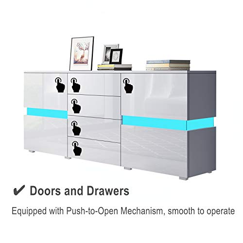Senvoziii LED Sideboard Storage Cabinet Cupboard Unit 2 Doors 4 Drawers High Gloss TV Stand Unit for Dining Room Living Room Kitchen - Image 3