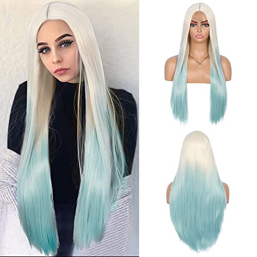 izhenwo Long Straight Blonde Wigs Ombre Light Blue Glueless Synthetic Wigs for Women Girls,Heat Resistant Replacement Hair Cosplay Daily Wear Ombre Color (R-blue)