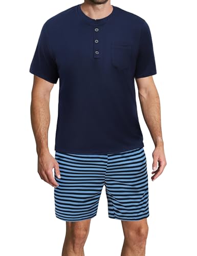 Demegimi Herren Schlafanzug Kurz Pyjama Baumwolle Sommer Kurzarm T-Shirt Rundhals Nachtwäsche Streifen