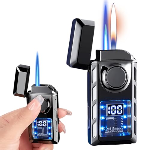 Mechero de metal inteligente de doble llama, tipo C, recargable, con luces de color LED, resistente al viento, con cámara de aire visible para regalos de camping (negro)