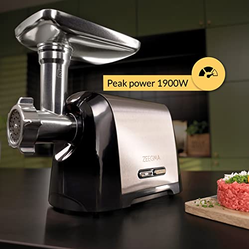 Quarta immagine ZEEGMA Molen Chef Tritacarne Elettrico Per Carne, 1200 W, con 3 piastre di molatura in acciaio inox, 1,8 kg/min, Macchina Per Salsicce, Kubbe, Sminuzzamento, Funzione REV, Kit di accessori