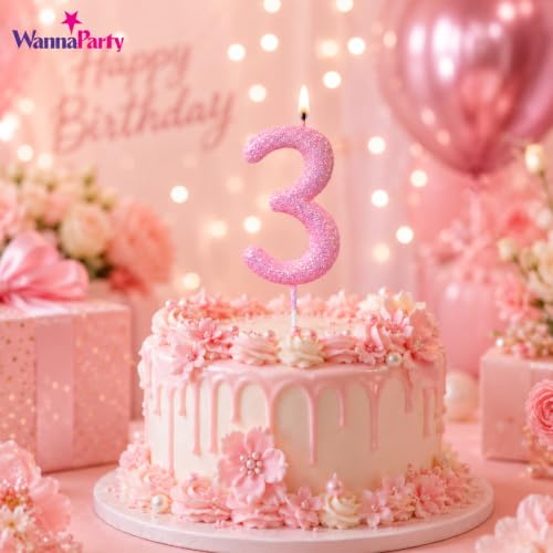 Image of Wanna Party Glitter Designer Pink Number 3 Birthday Candle, Numerical Cake Candle for 3rd Birthday, Cake Cutting, Party Decoration & Celebration Supplies - 1PC