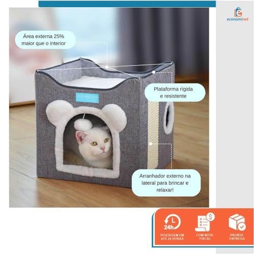 Casa Cama para Gatos Pet 2x1 Toca 2 Andares Dobravel Ninho Brinquedo Arranhador Cinza - Duke & Dixie