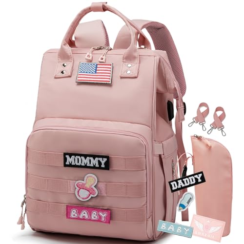 Image of QWREOIA Diaper Bag Backpack for Dad and Mom with USB Charging Port Stroller Straps and Insulated Pocket,army military Travel Nappy Backpack for Daddy/Mommy (Pink)