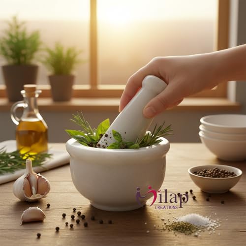 Image of White Marble Mortar and Pestle Set Stone 4 Inch, Khalbatta, Imamdasta, Kharal, Kundi, Okhli, Musal, Mixer, Silbatta Kitchen tool for Grinding Ingredients