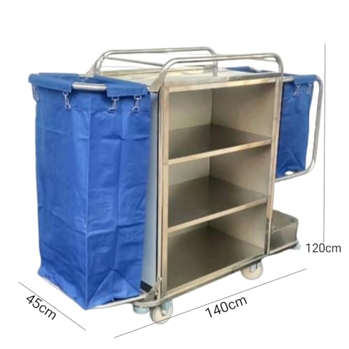 Image of Shoppers Hub PNQ SS Housekeeping Trolley with Double Sided Removable 1 Half + 1 Full Washable Bags with Clips & 3 Compartments for Heavy Duty Use in Hotels & Resorts.(Size:140cmL*45cmB*120cmH)