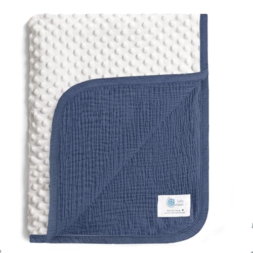 Image of lulumoon Baby Blankets for Boys Newborn: Reversible Muslin & Minky Dotted Backing - Thermal Receiving Blanket for Stroller & Registry Gift 30"x40"(Blue)