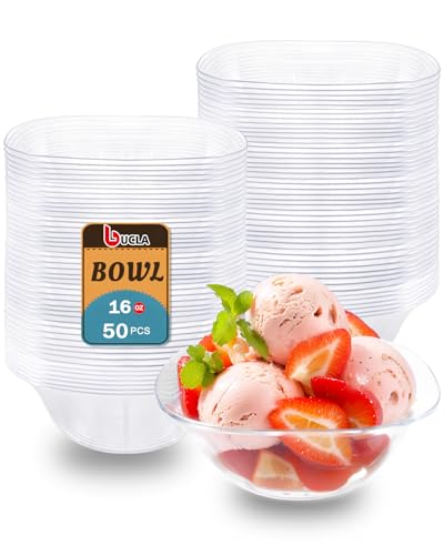 bUCLA 50Pack Clear Plastic Serving Bowls - 16oz Disposable Serving Bowls for Party Dessert/Ice Cream/Salsa/Snack