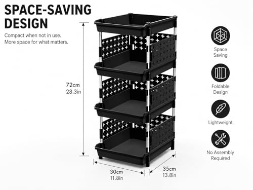 Image of KITCHIVO Multipurpose Storage Rack Organizer with Stainless Steel Pipes | Heavy Duty Plastic Shelf Stand for Kitchen, Bathroom, Laundry & Pantry (Black, 4 Layer)