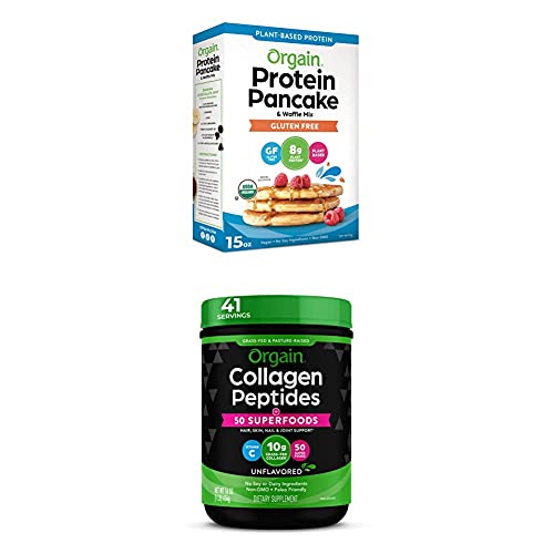 Orgain Protein Pancake & Waffle Mix, Gluten Free, 15 Oz + Orgain Organic Collagen + 50 Superfoods Powder, Type I and III, Amino Acid Supplement, Gluten, Packed with Spinach, Chia, Flax, 16 Oz