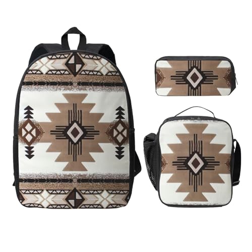 Sac à dos imprimé amérindien noir avec trousse scolaire et sac isotherme