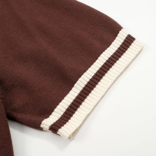 OXKNIT Mens Vintage Knitted Shirt Short Sleeve Classic Blue Brown Patchwork 1976 Pattern Crewneck Tops4