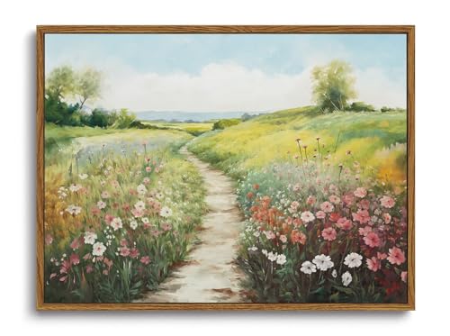 Image of KISSFOX Vintage Framed Wall Art Decor Spring Landscape Pictures Wall Decor Rustic Wildflower Path Paintings Countryside Canvas Art Prints Modern Farmhouse Artwork For Bedroom Kitchen Living Room