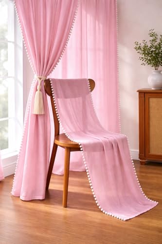 Image of THE Linen Company Cotton Linen Curtain Panel, Baby Pink, 6.5 Feet | Solid, Rod Pocket, Light Filtering Fabric, Modern Home Decor