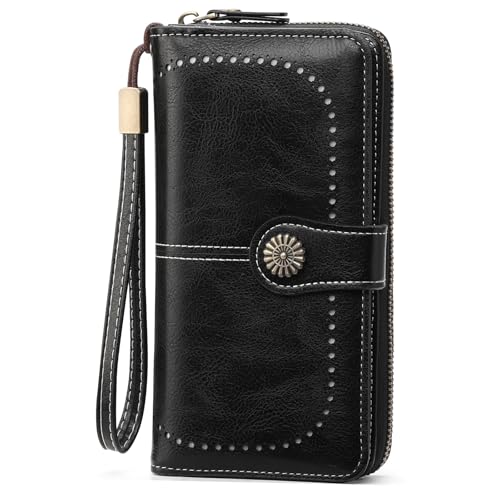 GOIACII Geldbörse Damen RFID Schutz Groß Leder Portmonee Gross für Frauen, Lang Geldbeutel Große Kapazität Portemonnaie Damen mit 13 Kartenfächer und Abnehmbarer Handschlaufe