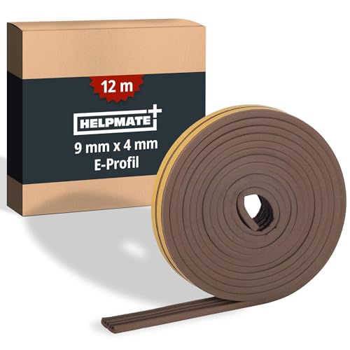 HELPMATE – Dichtungsband selbstklebend für Fenster & Türen – Fensterdichtung/Türdichtung zum Isolieren von Spalten mit 2 bis 3,5 mm Breite – Dichtband 9 x 4 mm (E-Profil | 12 Meter | Braun)