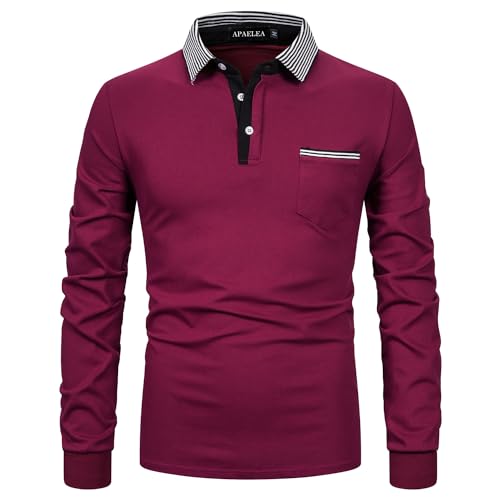 APAELEA Poloshirt Herren Baumwolle Langarm Gestreifte Revers Golf Shirts Männer Hemden Tops,Weinrot,XXL