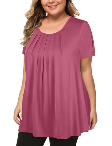 MANER Women's Plus Size Tops Short Sleeve Flowy Shirts Casual Blouses Tunic Tops L-4XL (Rouge, XXX-Large)
