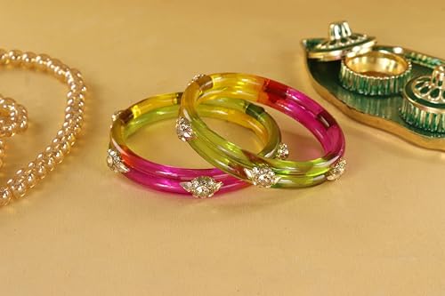 Image of NMII Diamond Glass Bangles Crystal Kada Set For Women & Girls Adorned with Golden Zircon Stones | Trending Girls Bangles Bracelet | Transparent Chudi Kangan For Wedding, Party, Daily, Ethnic- Set of 2