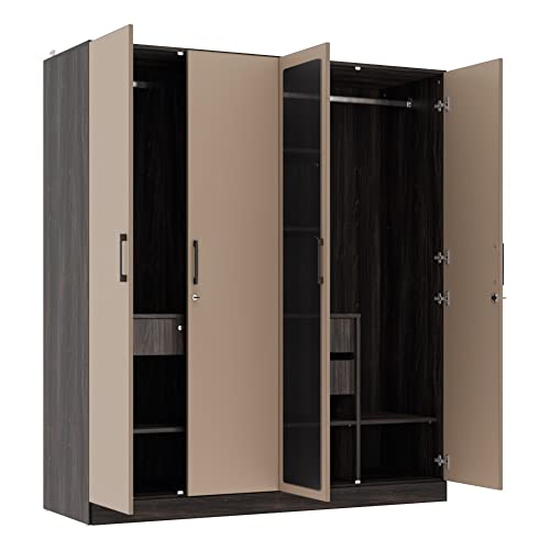 Image of Wakefit Wardrobe | 1 Year Warranty | Engineered Wood Almirah, Cupboard for Clothes Storage | 4 Door, Mirror, 5 Shelves, 1 Partition, 3 Drawers, 2 Hanging Space | Cashmere Plus - Wyoming Maple-Frappe