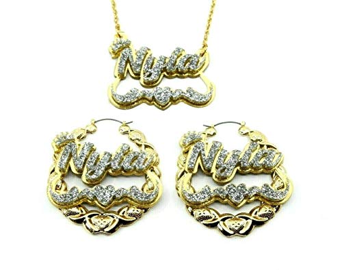 Name Necklace Plate Personalized Custom Nameplate and 2.5" XOXO Gold Earrings With Swirls Heart and Crown on Top Jewelry Set Laser Cut Diamond Look Glitter Script Cursive Letters, Quality Gold Chain2