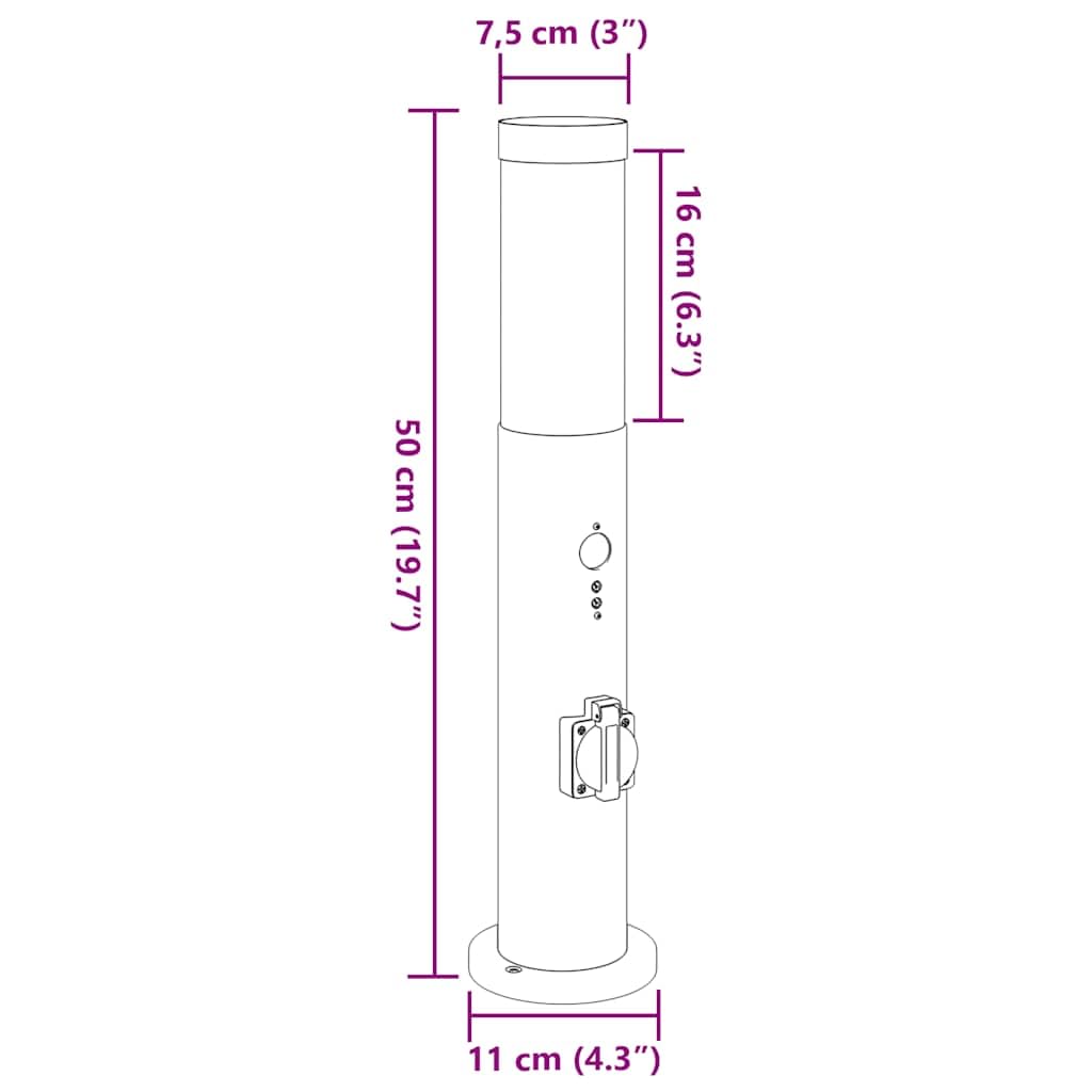 Set di 3 lampade a colonna in acciaio inox, 50 cm, con protezione IP44, presa integrata e sensore di movimento PIR, per giardino, terrazza, cortile, illuminazione esterna moderna e funzionale