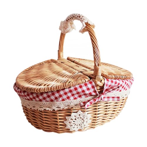 BESTonZON Cesta de Picnic de Mimbre Pequeña Tapa Interior a Cuadros Rojos Cesta para Servir Alimentos y Frutas Natural para Almacenamiento y Picnic al Aire Libre